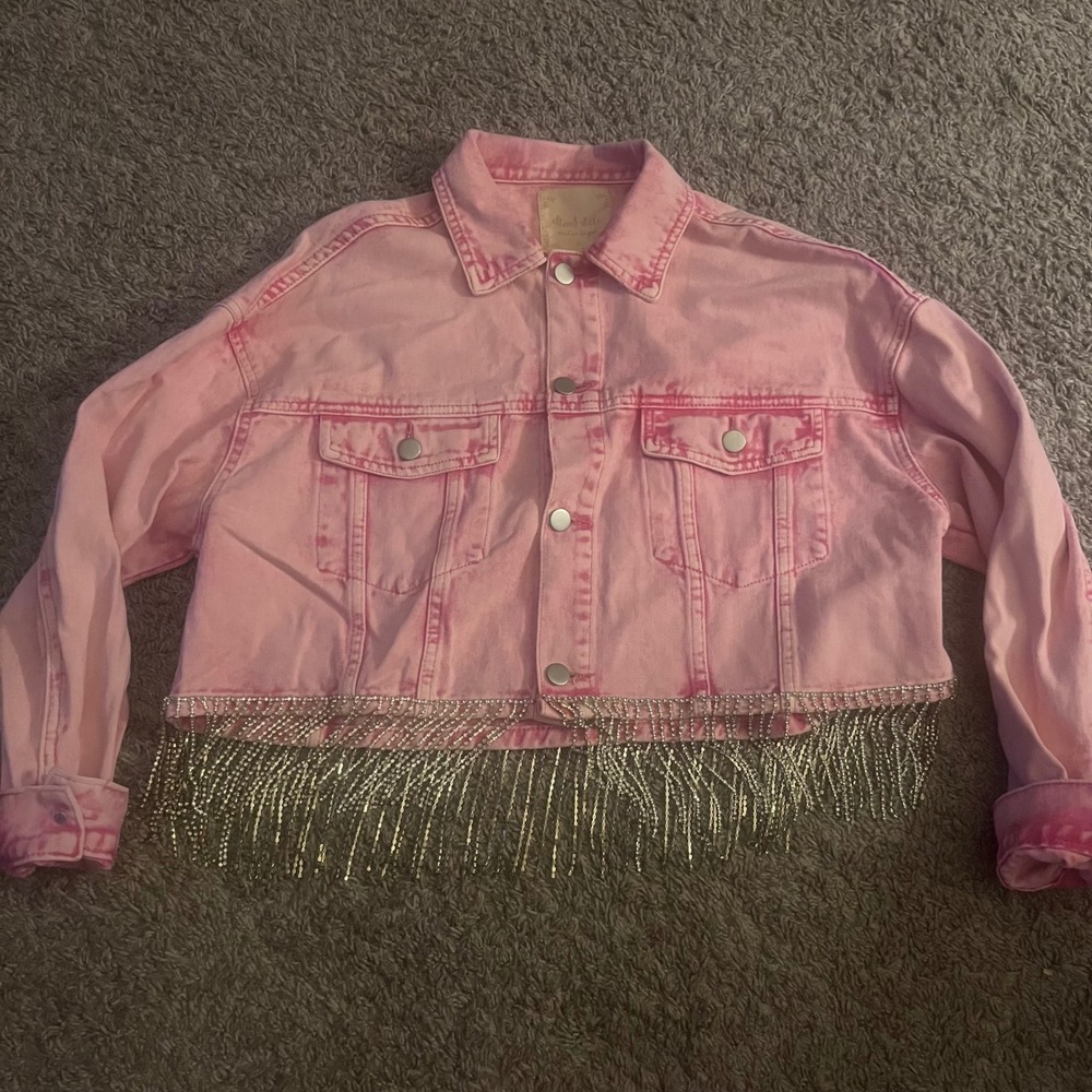 Altar'd State Pink Acid Wash Rhinestone Fringe Cropped Denim Jacket LJ61027AS S